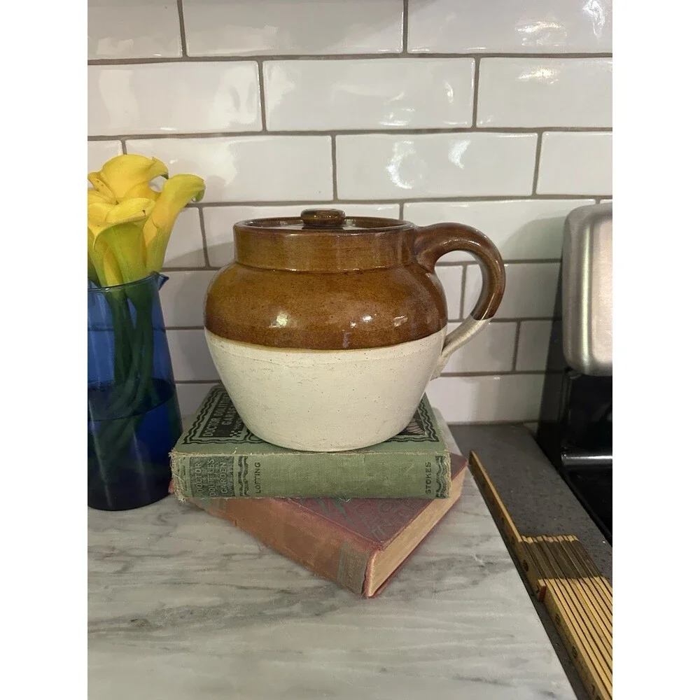 Vintage Antique Stoneware 2 Tone Brown One Handle Crock Bean Pot Americana
